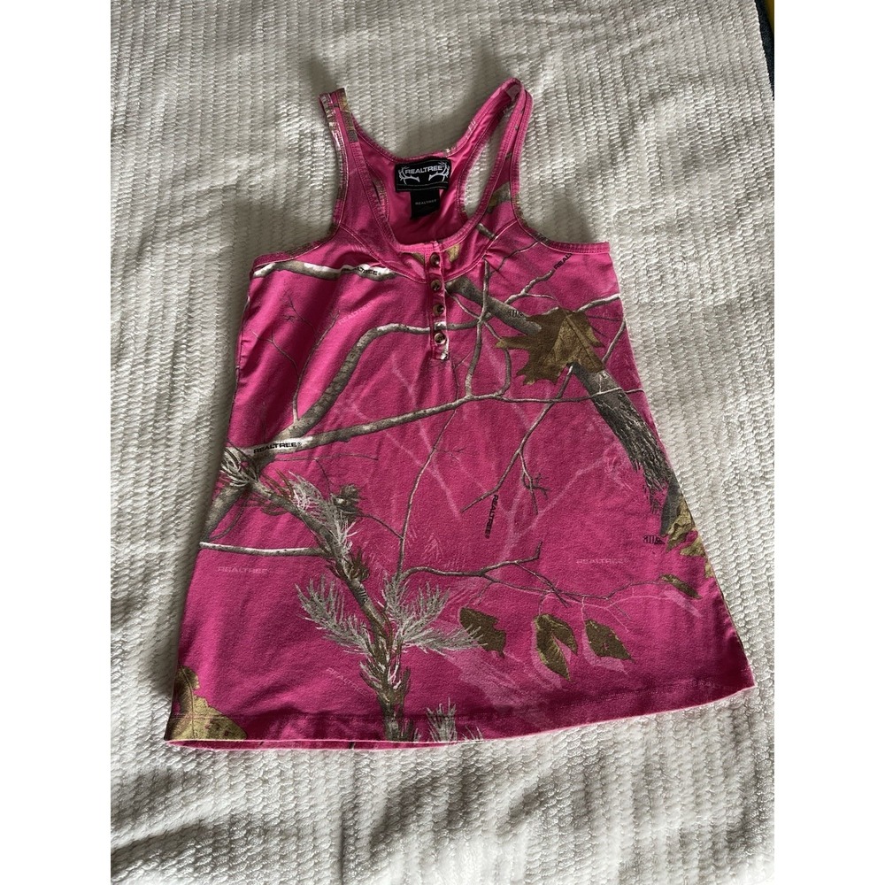 RealTree Womens Medium Tank Top Hot Pink Camo Racerback Henley Hunt Sleeveless